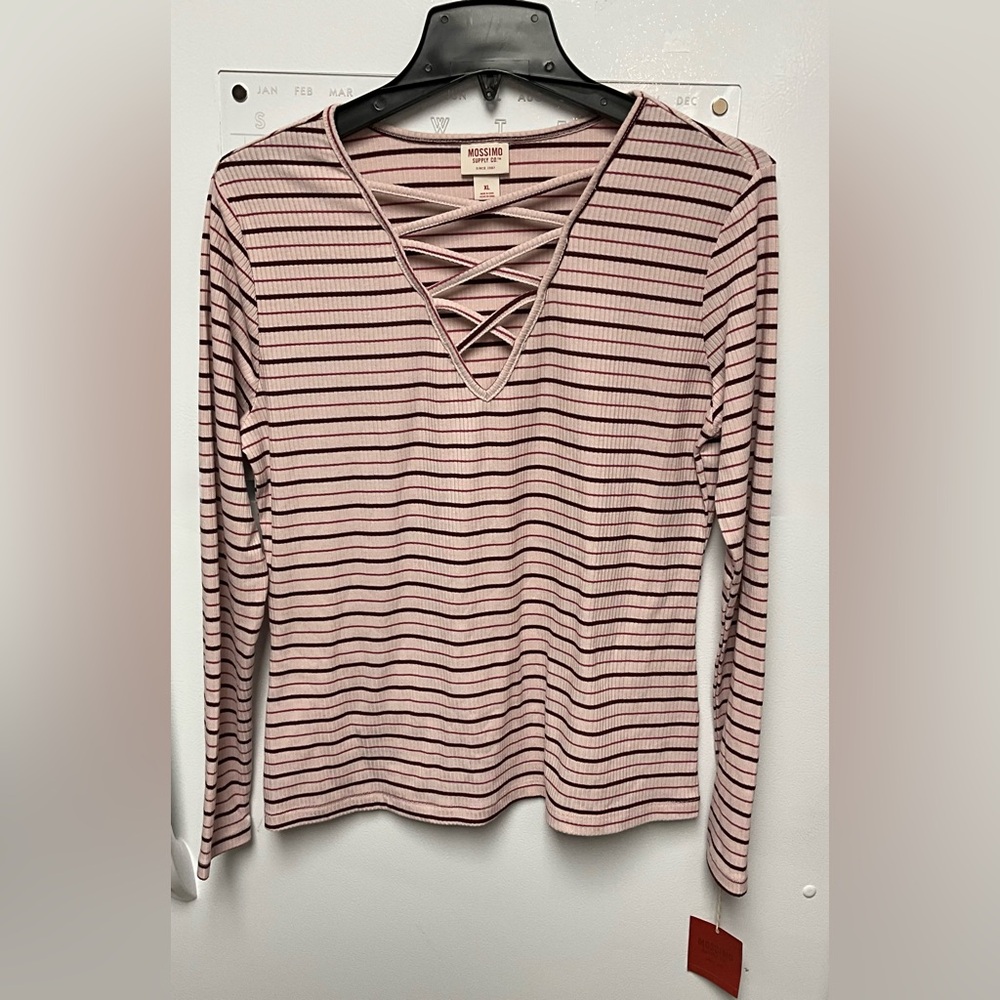 Mossimo Supply Co. Pink and Burgundy Striped Crisscross V-Neck Long Sleeve Top
